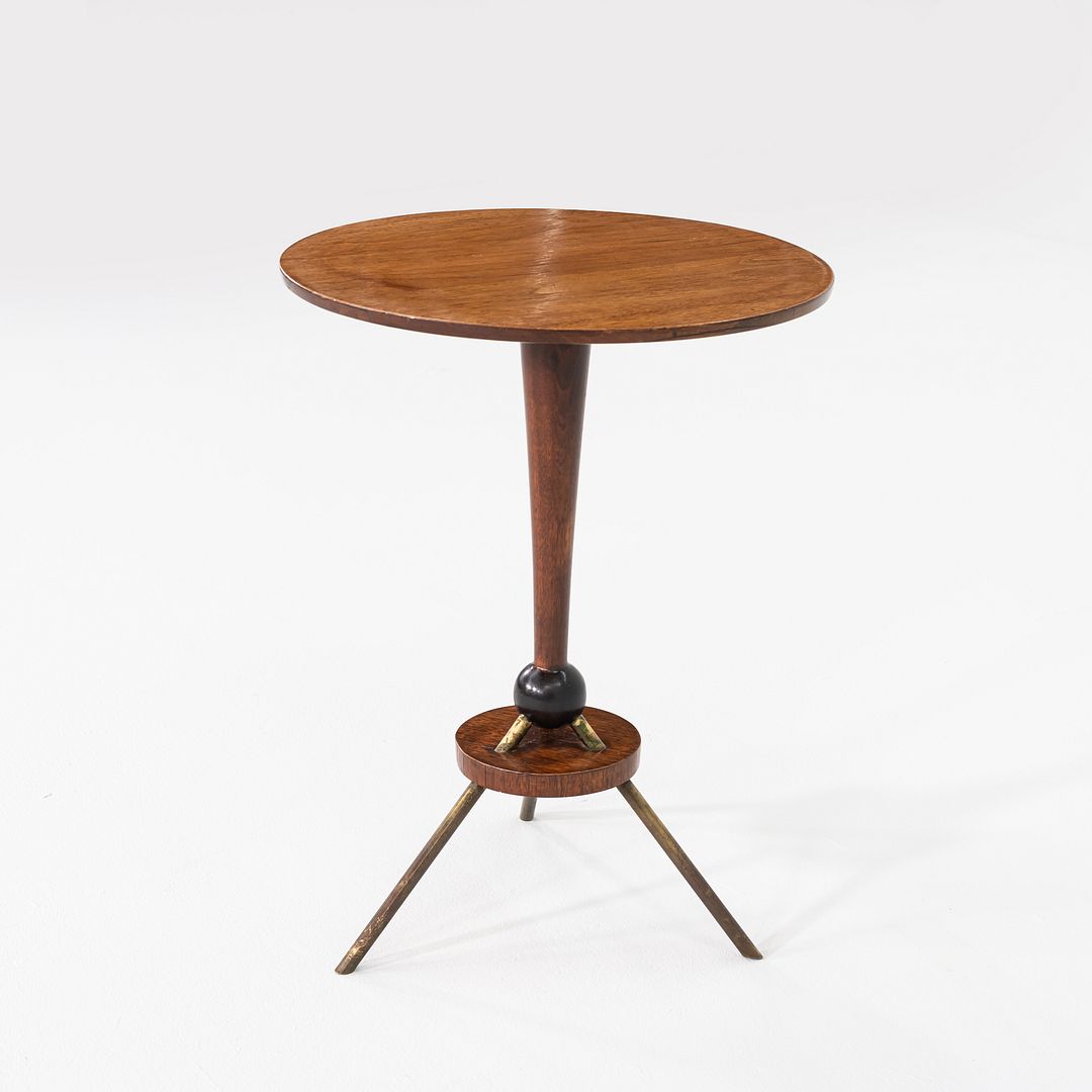 1950s Sputnik Tripod Side or End Table Crafted in Walnut with Brass Accents