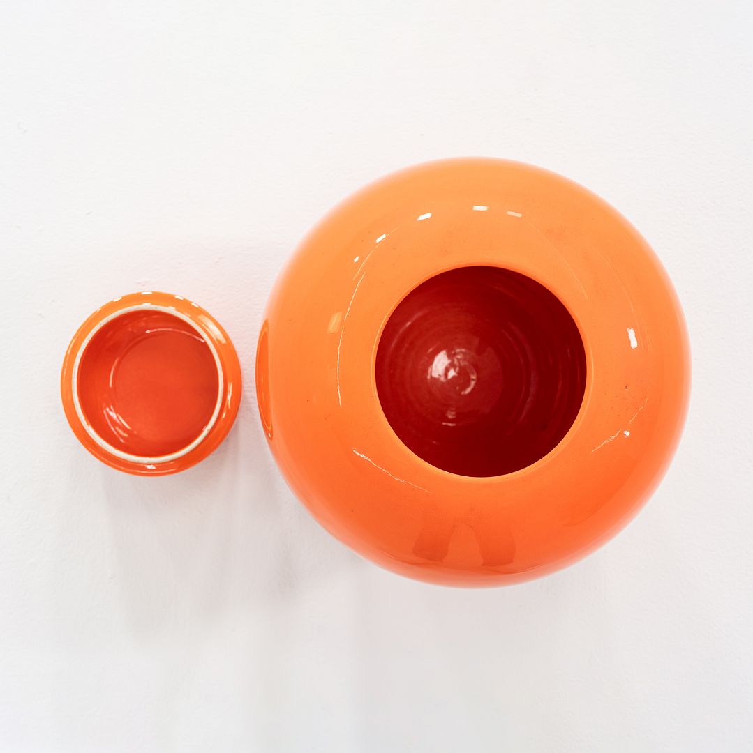 1970s Italian Porcelain Ginger Jar Vessel with Coordinating Top in Orange 10"