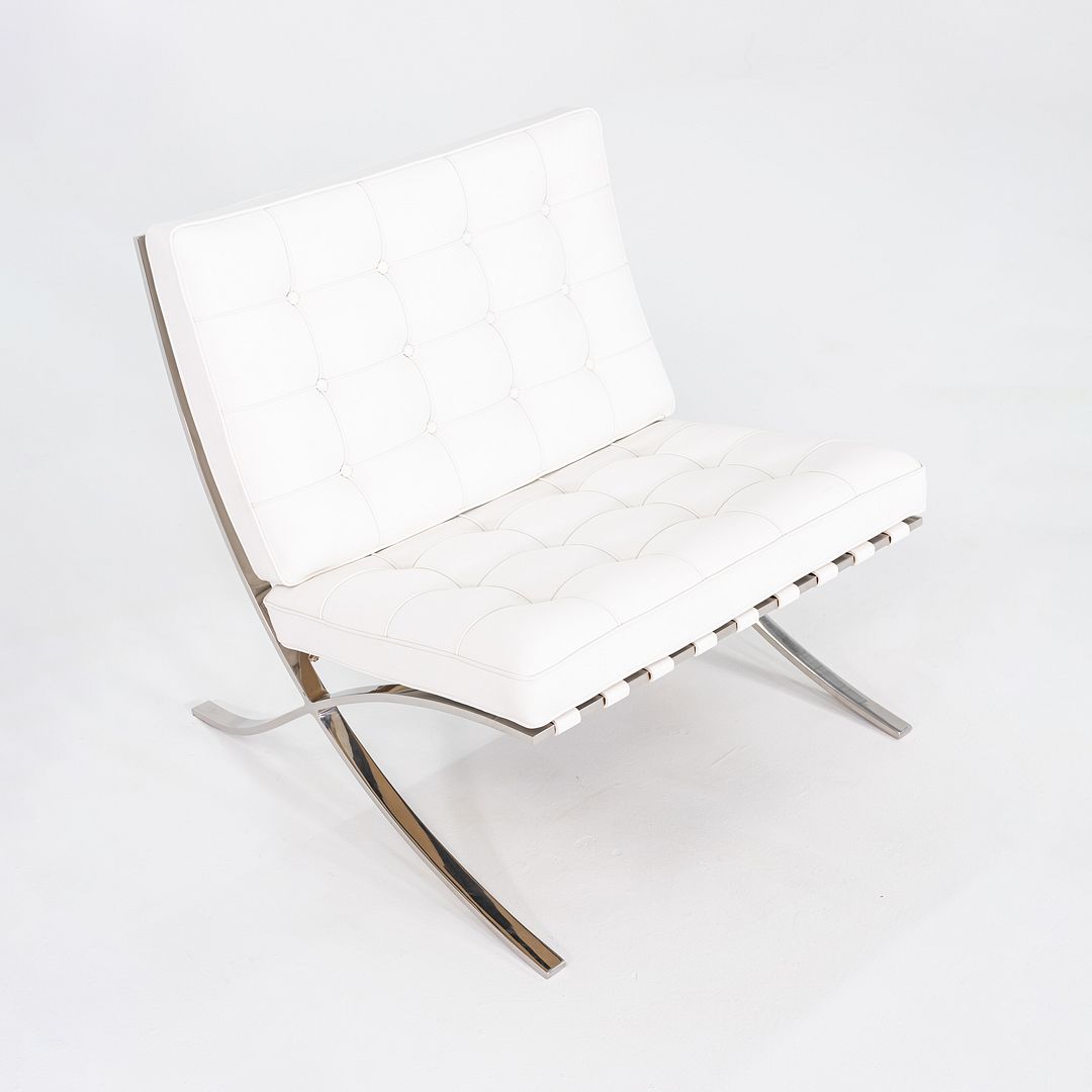 1960s Mies van der Rohe for Knoll Barcelona Lounge Chair and Ottoman in Sabrina White & Stainless Fully Restored
