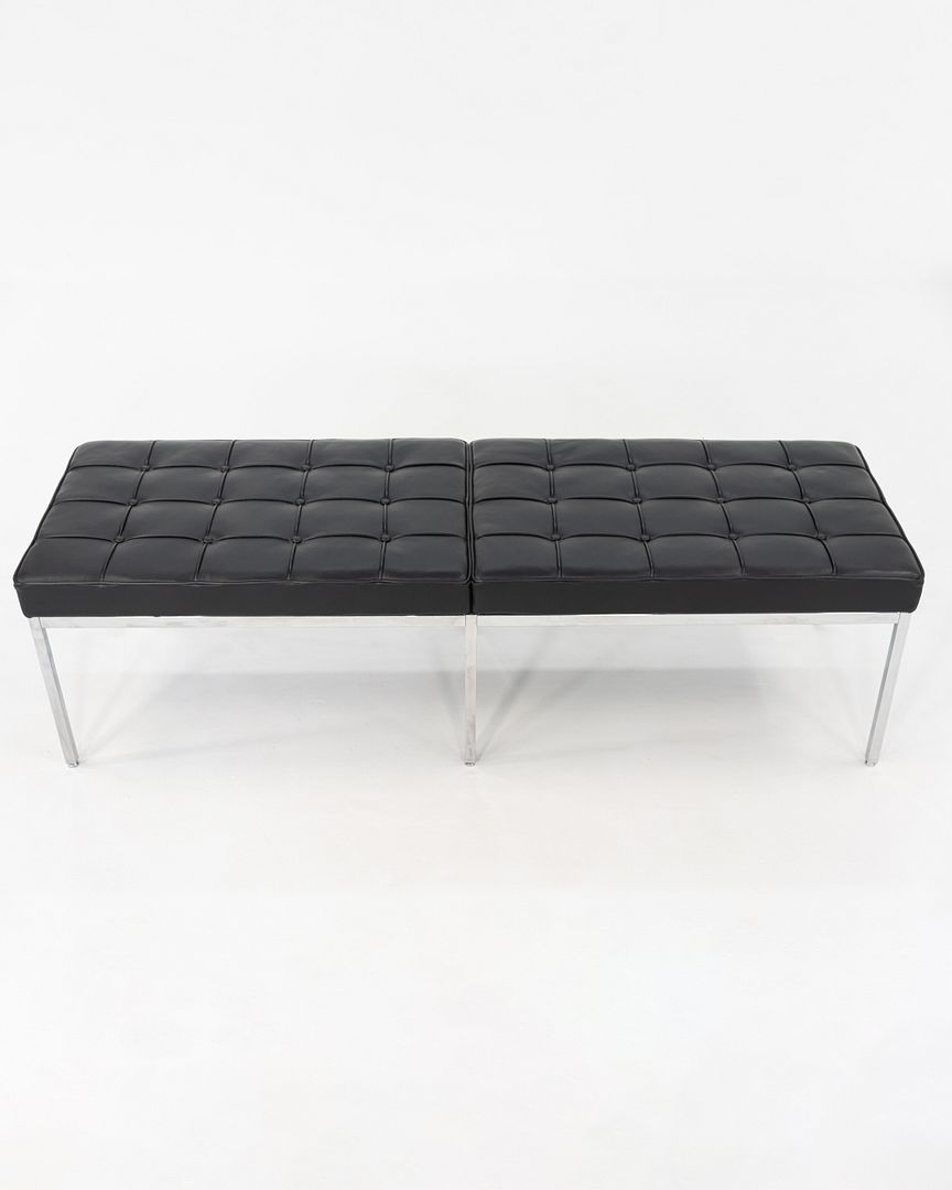 SOLD 2010s Florence Knoll Three Seat Bench in Black Leather with Chromed Steel Frame
