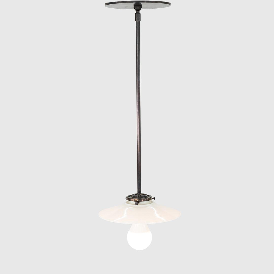 1930s Danish Opalescent Industrial Milk Glass Disc Pendant Lamp 7.75 Inches