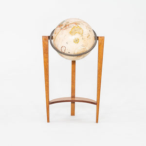1940s Replogle Globe Mounted on Classic Wooden Demilune Stand with Curved Base