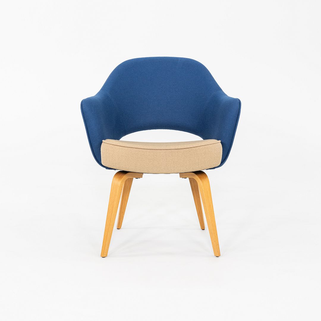 2015 Pair of Eero Saarinen for Knoll Dining Arm Chairs in Blue with Wooden Legs