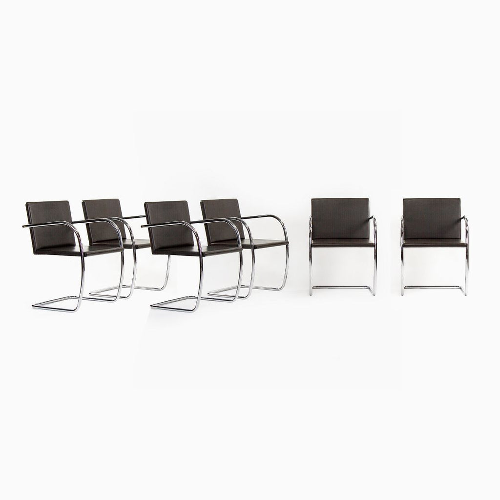 2007 Set of Six Brno Tubular Thin Pad Chair, Model 245A by Mies van der Rohe for Knoll in Brown Leather