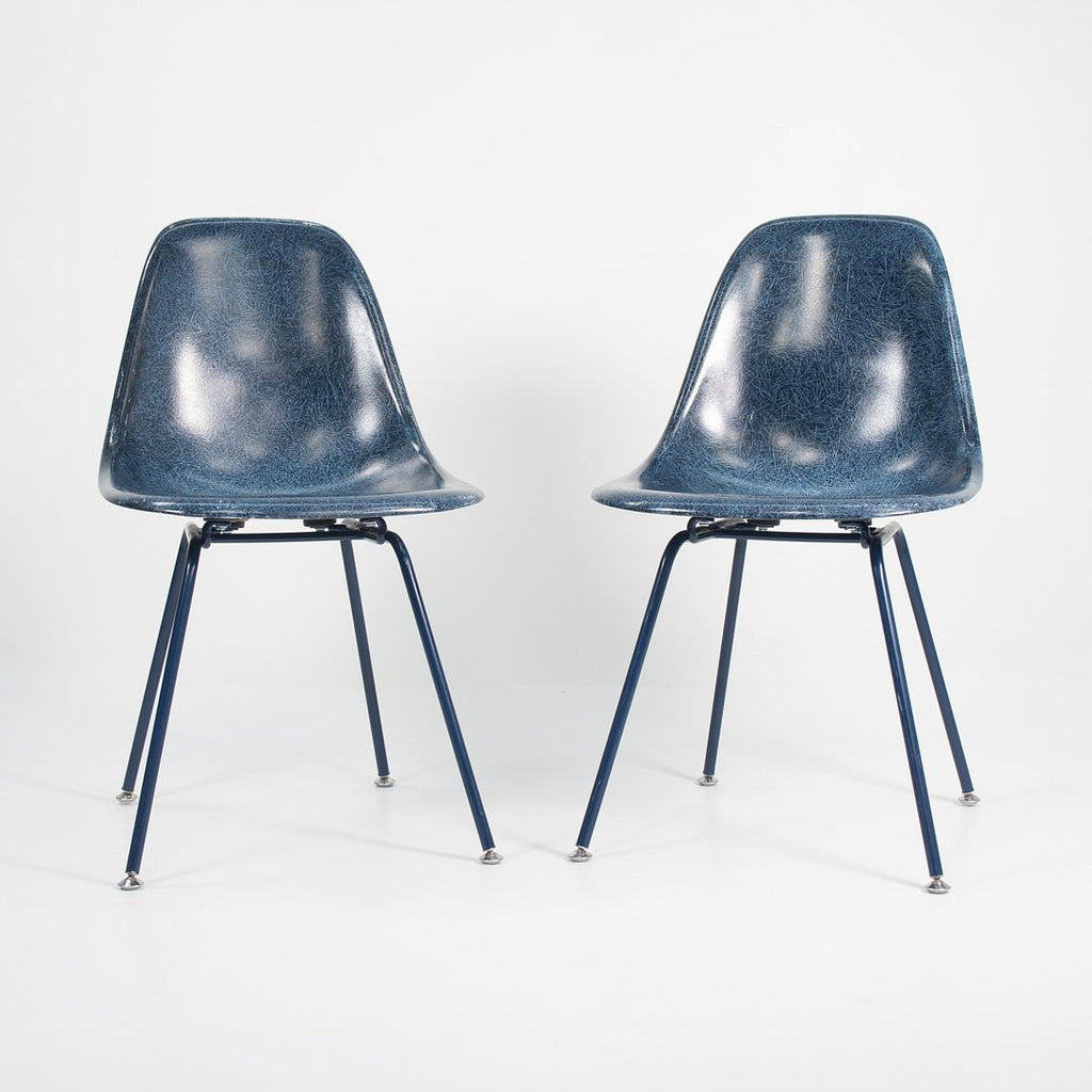 2010s Pair of Modernica Eames Fiberglass Dining Chairs with H Base in Navy Blue