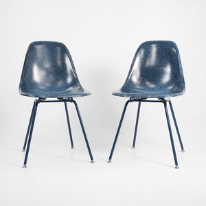 2010s Pair of Modernica Eames Fiberglass Dining Chairs with H Base in Navy Blue