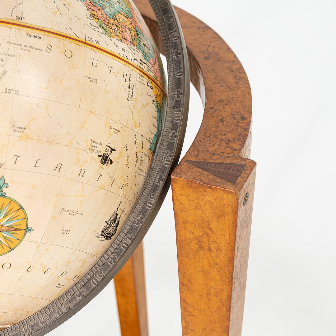 1940s Replogle Globe Mounted on Classic Wooden Demilune Stand with Curved Base
