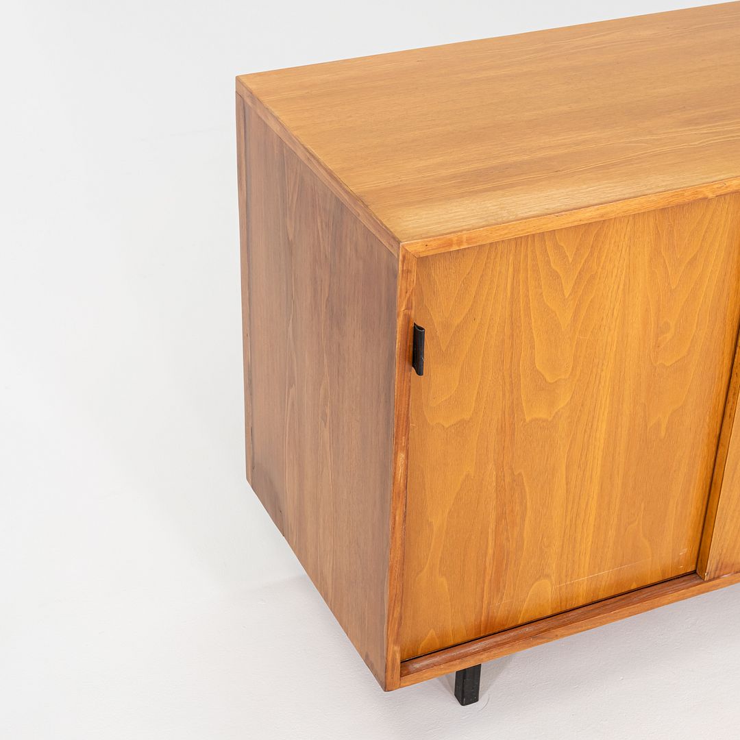 1950s Tall Florence Knoll Credenza in Oak with Sliding Doors and Leather Pulls