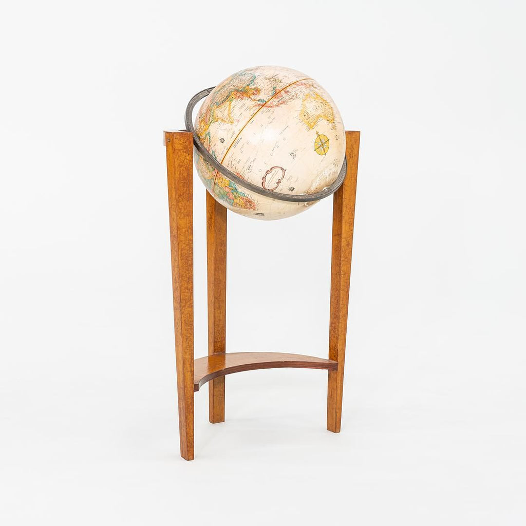 1940s Replogle Globe Mounted on Classic Wooden Demilune Stand with Curved Base