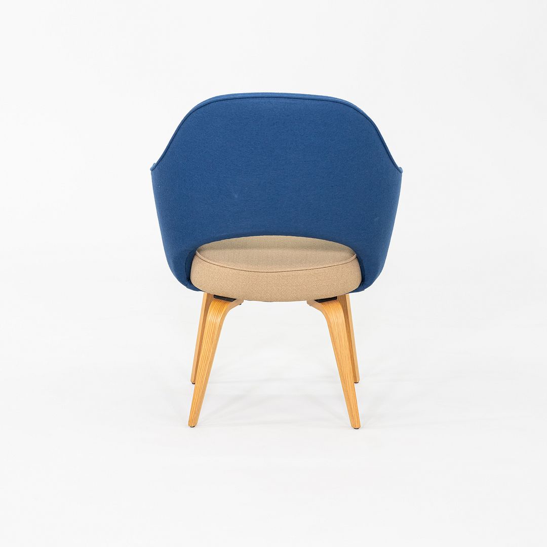 2015 Pair of Eero Saarinen for Knoll Dining Arm Chairs in Blue with Wooden Legs