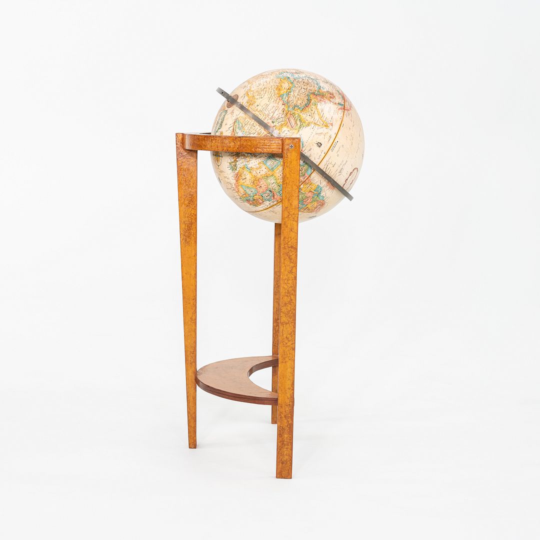 1940s Replogle Globe Mounted on Classic Wooden Demilune Stand with Curved Base