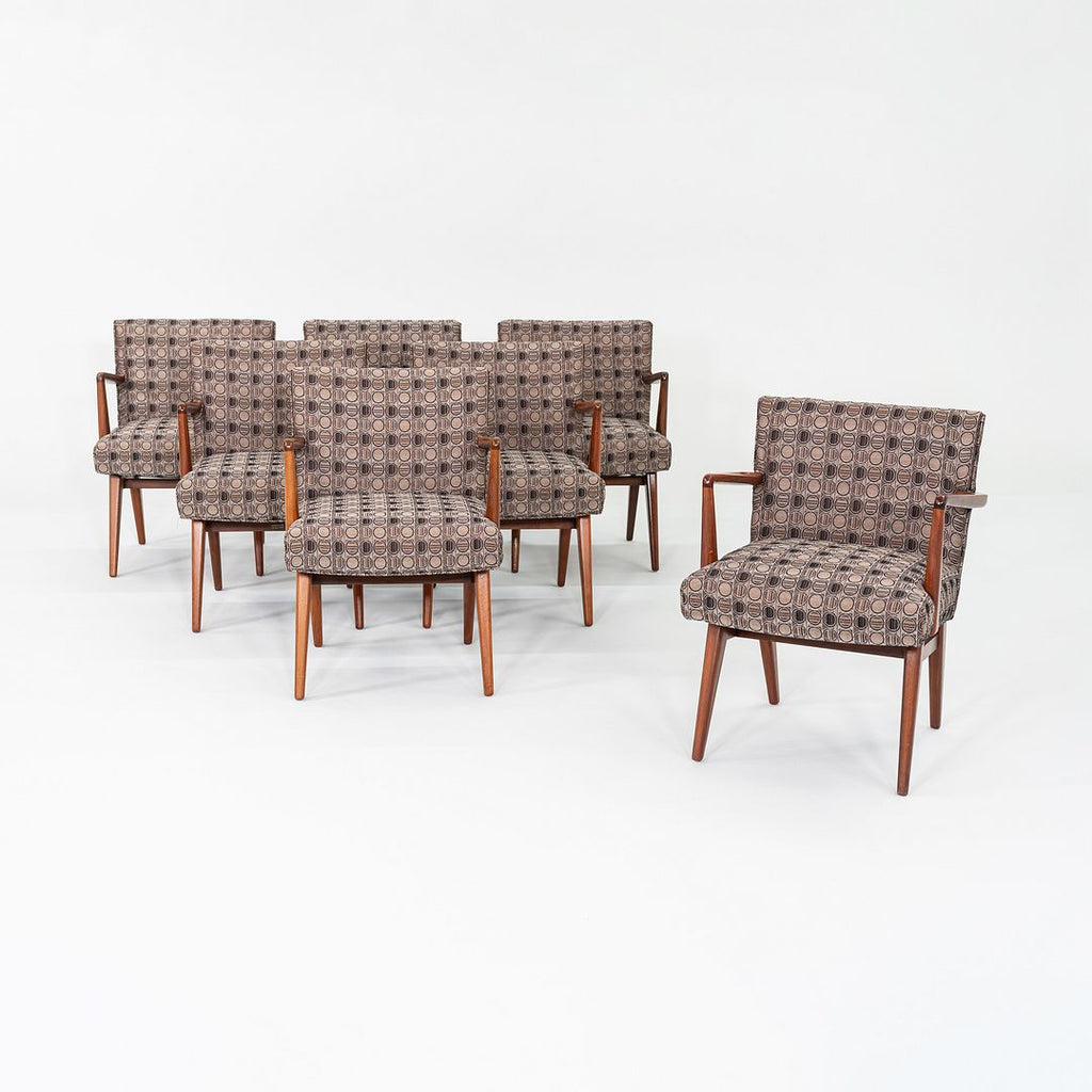 1960s Set of Seven Jens Risom Design Model C-108 Dining Arm Chairs in Walnut and Fabric