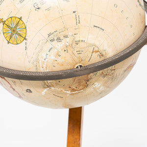 1940s Replogle Globe Mounted on Classic Wooden Demilune Stand with Curved Base