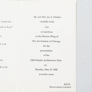 1988 Gordon Bunshaft's Pritzker Architecture Prize Program + Personal Invitation