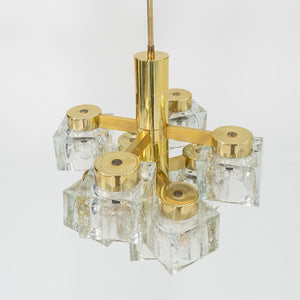 1970s Gaetano Sciolari for Lightolier Ice Cube Chandelier Glass & Brass 9 Bulbs