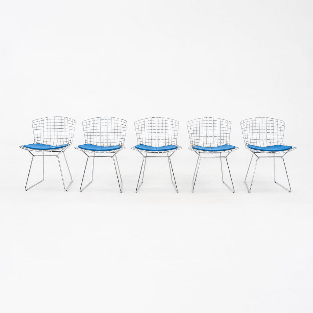 2000s Set of Five Harry Bertoia for Knoll Chrome Dining Chairs w/ Blue Cushions