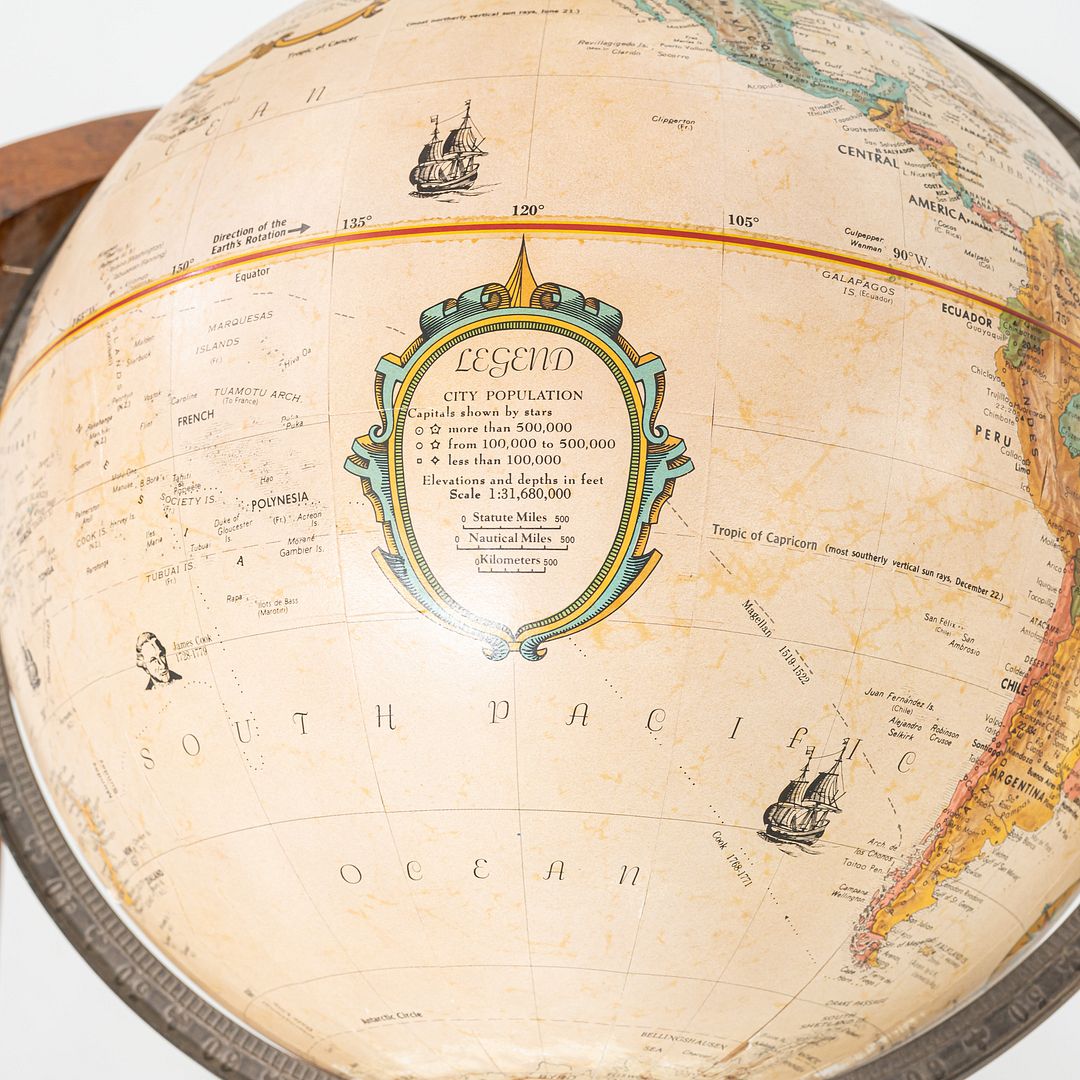 1940s Replogle Globe Mounted on Classic Wooden Demilune Stand with Curved Base