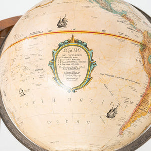 1940s Replogle Globe Mounted on Classic Wooden Demilune Stand with Curved Base