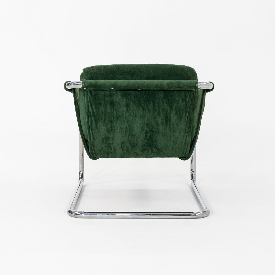 1970s Thonet Sling Lounge Chair Chromed Tubular Steel w/ Green Fabric Upholstery