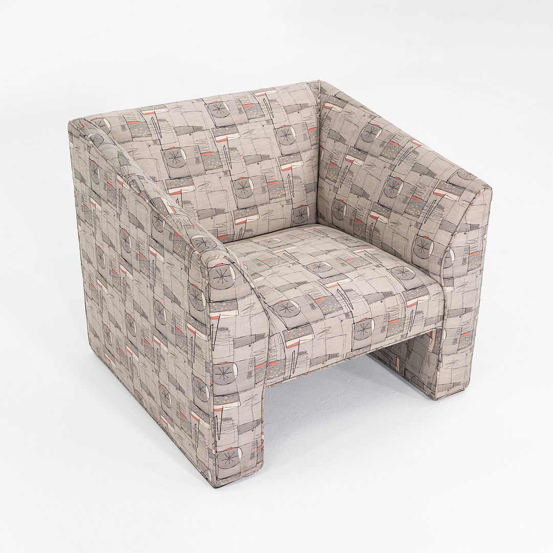 1980s Pair of Gray Patterned Fabric Upholstered Club Lounge Chairs w/ Rolled Arms