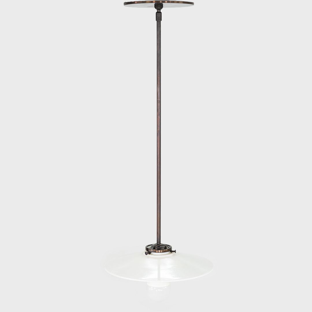 1930s Danish Opalescent Industrial Milk Glass Disc & Metal Pendant Lamp 8 Inches