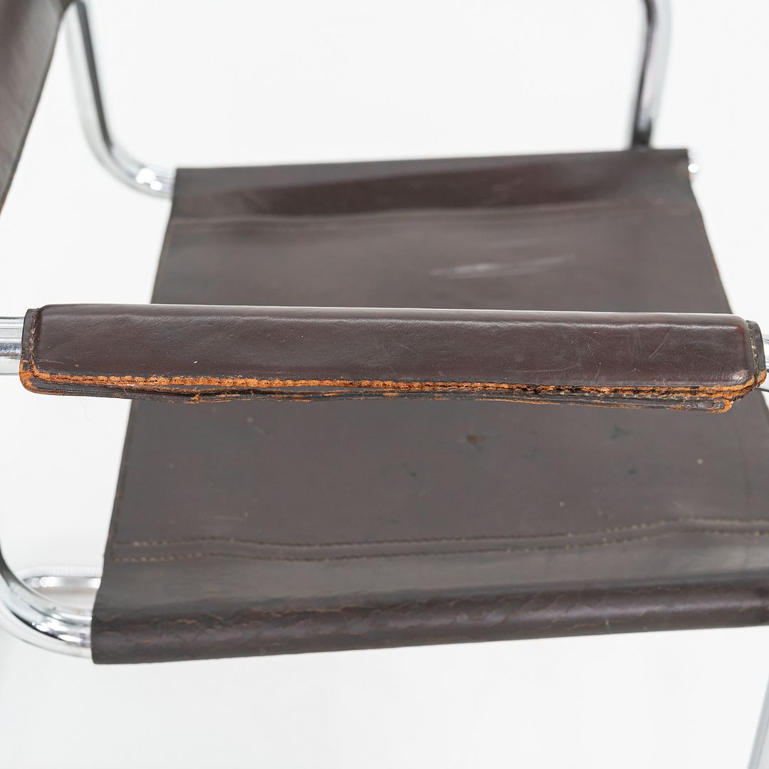 1970s Pair of Matteo Grassi Mart Stam Dining Arm Chairs Brown Leather and Chrome