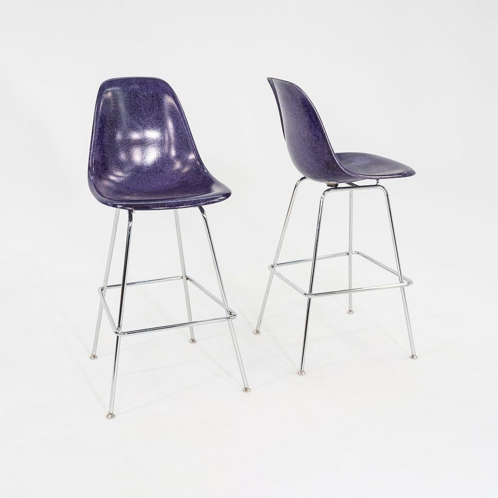 2010s Pair of Modernica Eames Purple Fiberglass Bar Stools w/ Metal Base Frames
