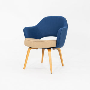2015 Pair of Eero Saarinen for Knoll Dining Arm Chairs in Blue with Wooden Legs