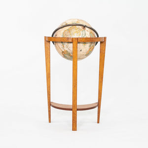 1940s Replogle Globe Mounted on Classic Wooden Demilune Stand with Curved Base