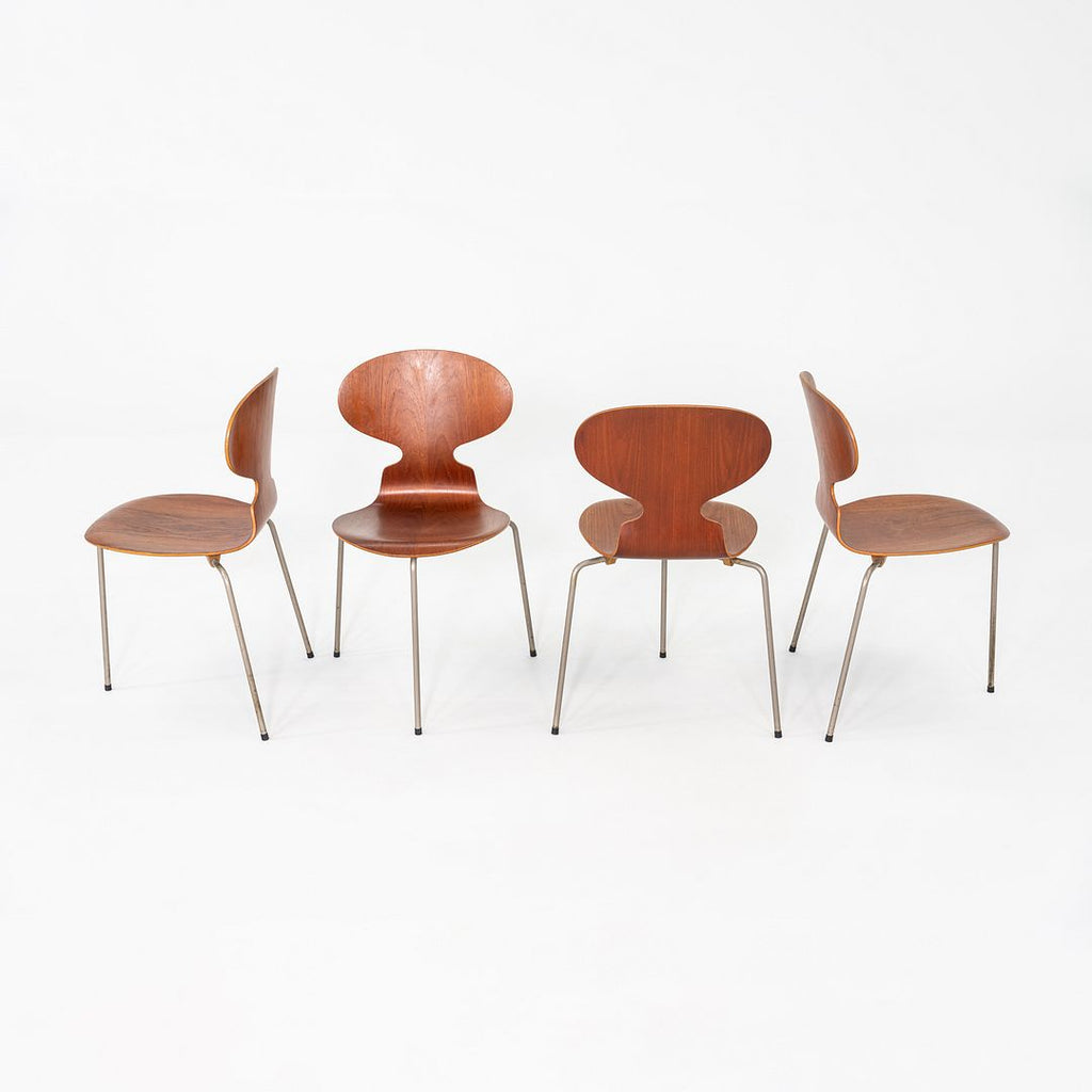 1960s Set of Four Arne Jacobsen for Fritz Hansen Ant Chairs Teak w/ Steel Legs
