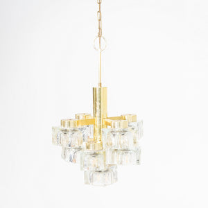 1970s Gaetano Sciolari for Lightolier Ice Cube Chandelier Glass & Brass 9 Bulbs