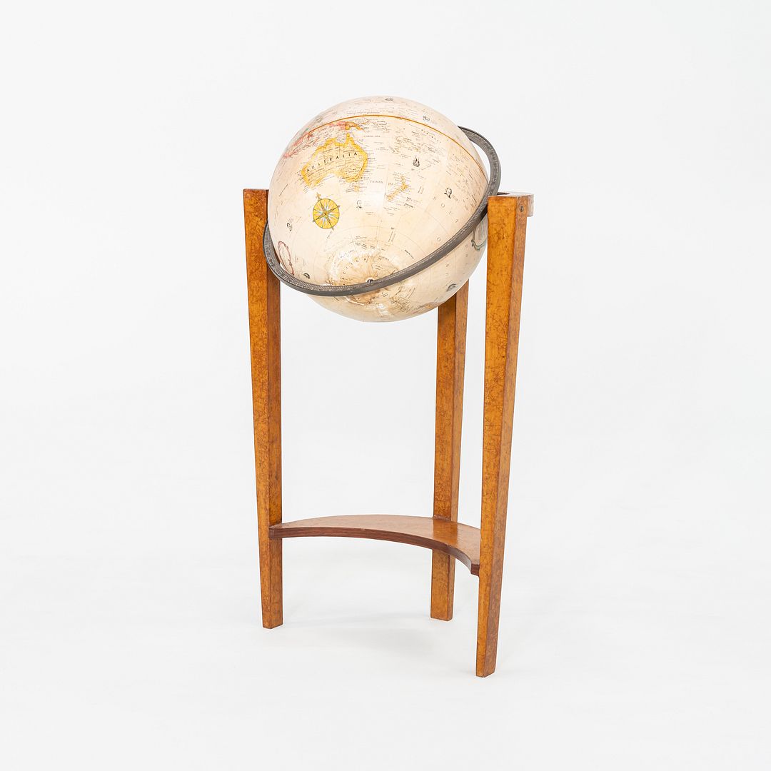 1940s Replogle Globe Mounted on Classic Wooden Demilune Stand with Curved Base