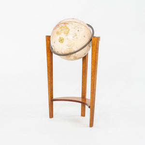 1940s Replogle Globe Mounted on Classic Wooden Demilune Stand with Curved Base