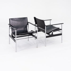 1960s Pair of Charles Pollock for Knoll Sling Arm Lounge Chairs in Black Leather and Chrome