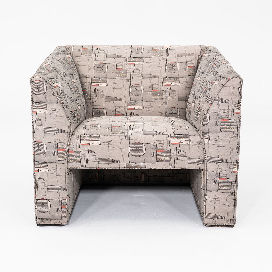1980s Pair of Gray Patterned Fabric Upholstered Club Lounge Chairs w/ Rolled Arms