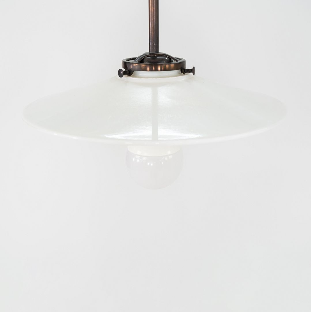1930s Danish Opalescent Industrial Milk Glass Disc & Metal Pendant Lamp 8 Inches
