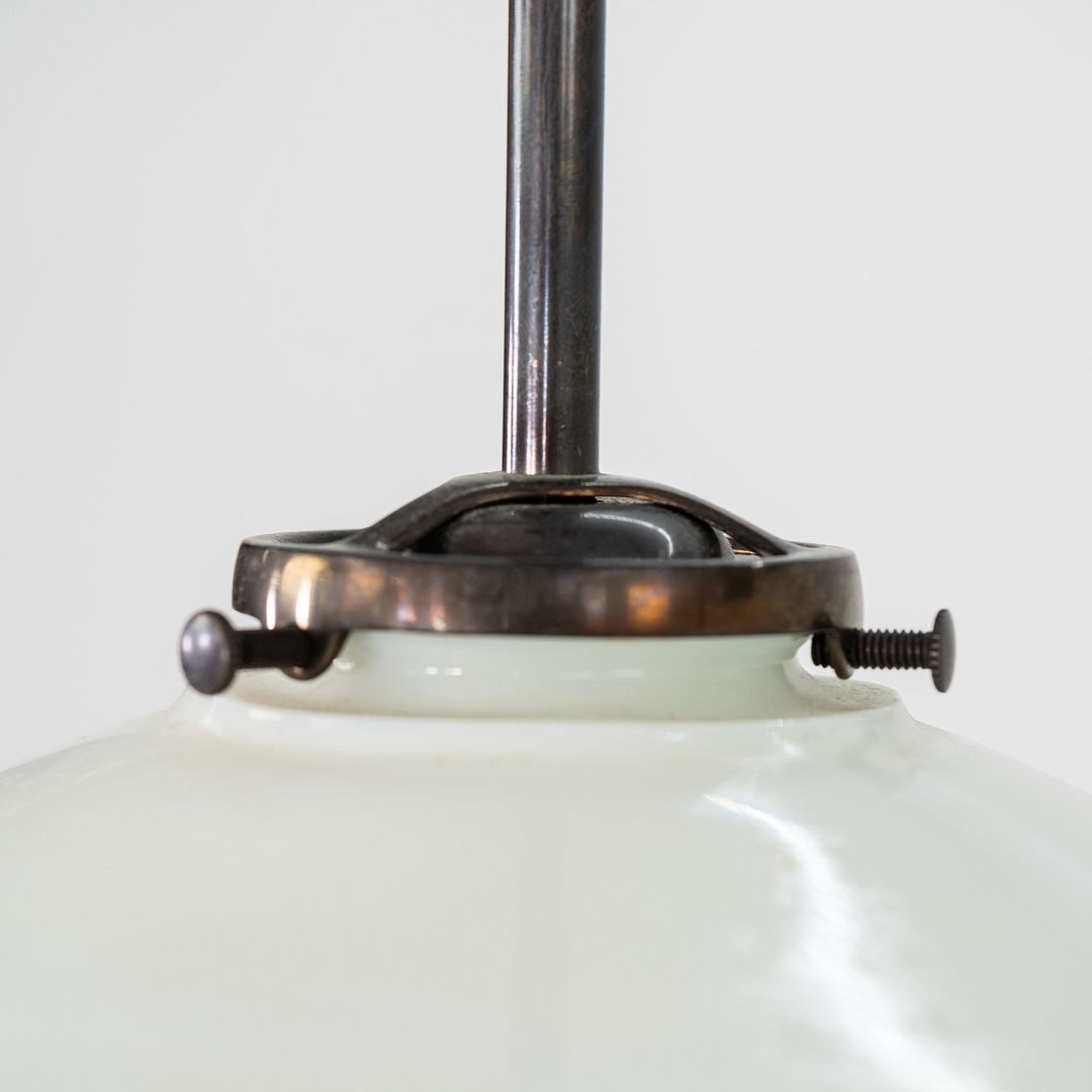 1930s Danish Opalescent Industrial Milk Glass Disc Pendant Lamp 7.75 Inches