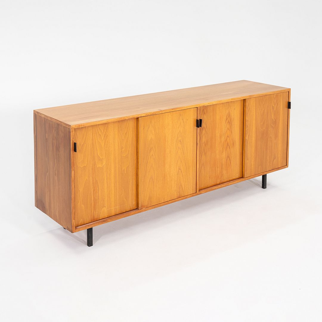1950s Tall Florence Knoll Credenza in Oak with Sliding Doors and Leather Pulls