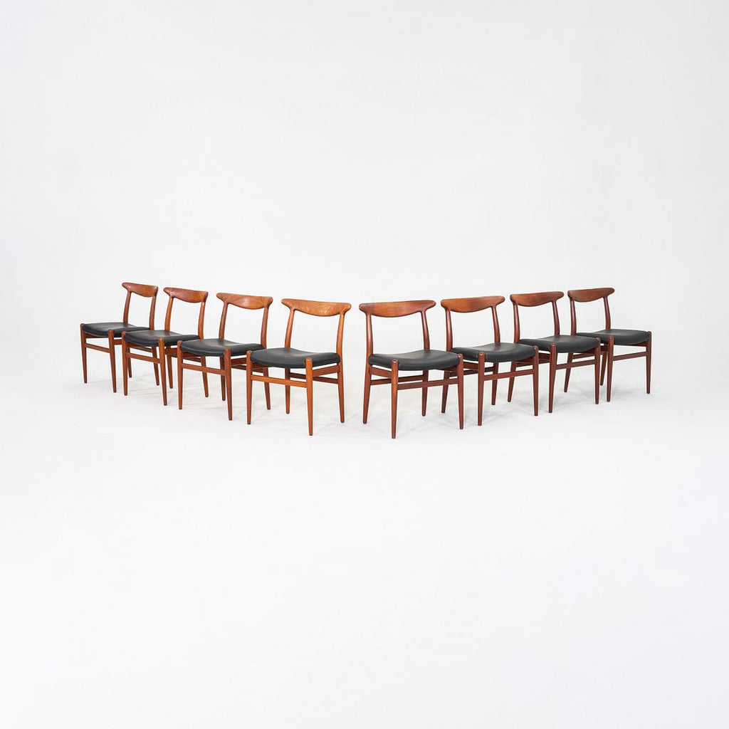 1950s Set of Eight Hans Wegner C.M. Madsen W2 Dining Chairs Teak & Black Leather