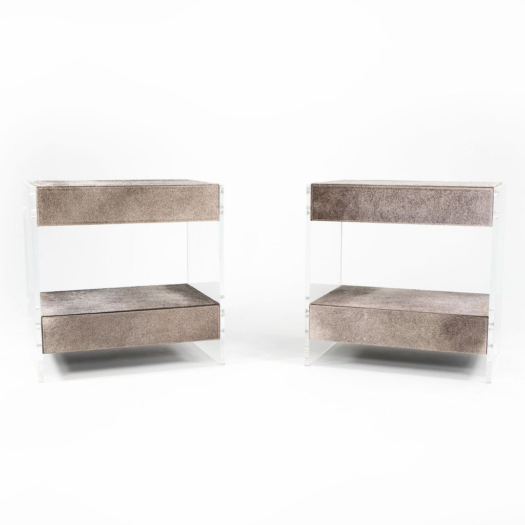 2020 Pair of Aiden Bedside Chests by Interlude Home in Hair on Hide and Acrylic