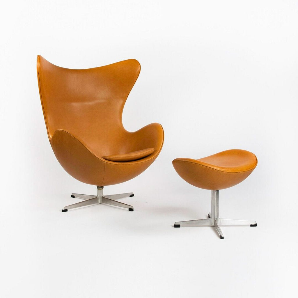 1959 Egg Chair and Ottoman by Arne Jacobsen for Fritz Hansen in Cognac Leather
