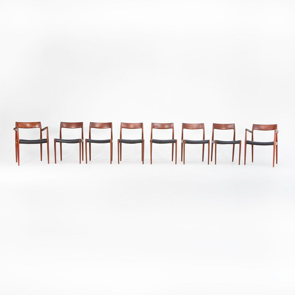 SOLD 1960s Model 57 & 77 Dining Chairs by Niels Møller for J.L. Møllers Møbelfabrik in Teak and Black Leather