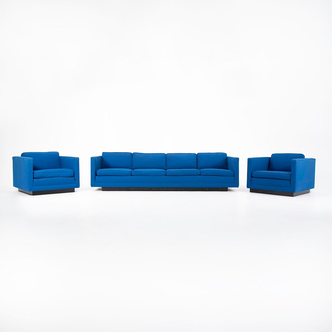 1970s Tuxedo Club Chairs Attributed to Nicos Zographos for Zographos Designs Ltd. in Blue Fabric