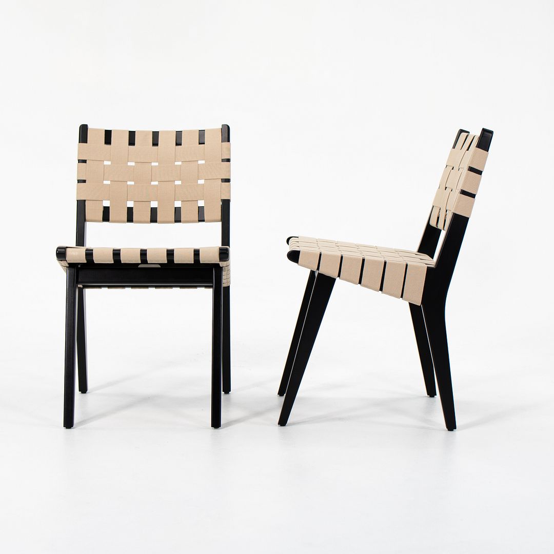 SOLD 2021 Jens Risom for Knoll 666C Risom Side Chairs in Ebonized Maple with Tan Webbing