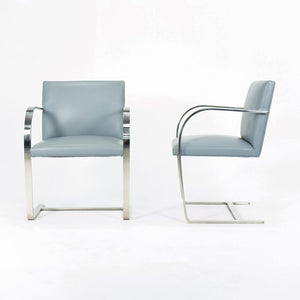 2000s Flat Bar Brno Chair by Mies van der Rohe for Knoll in Stainless Steel with Gray / Blue Leather 5x Available