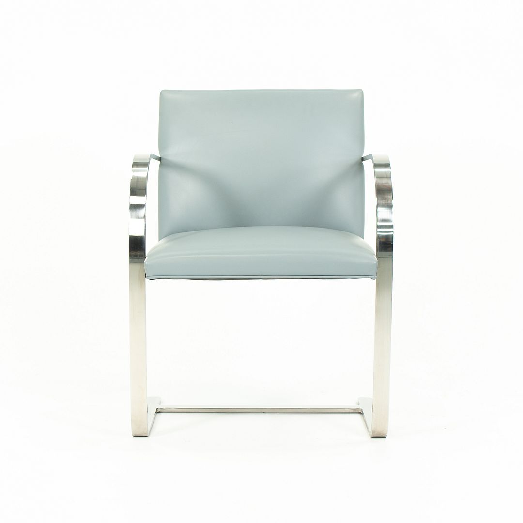 2000s Flat Bar Brno Chair by Mies van der Rohe for Knoll in Stainless Steel with Gray / Blue Leather 5x Available