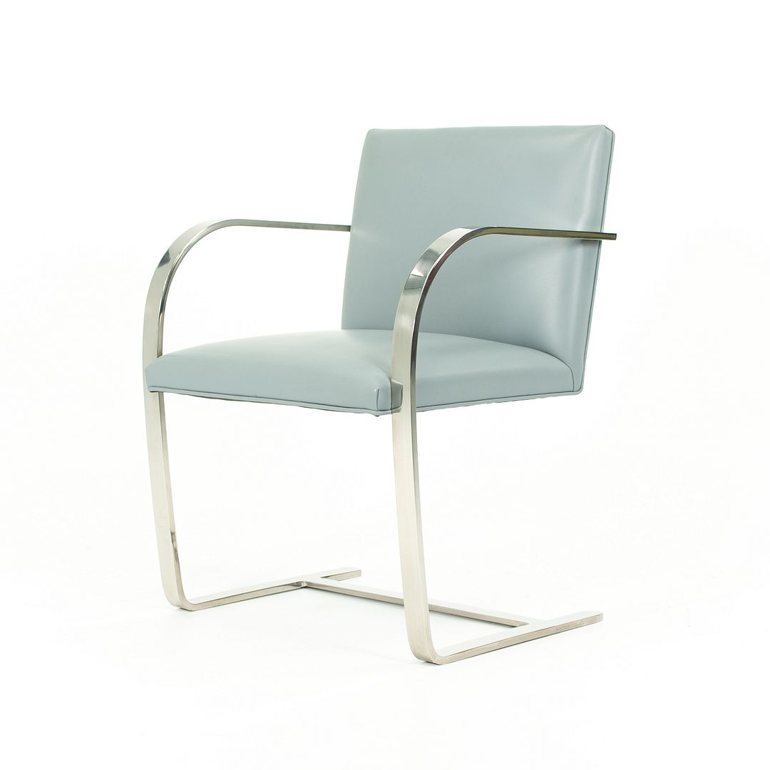 2000s Flat Bar Brno Chair by Mies van der Rohe for Knoll in Stainless Steel with Gray / Blue Leather 5x Available