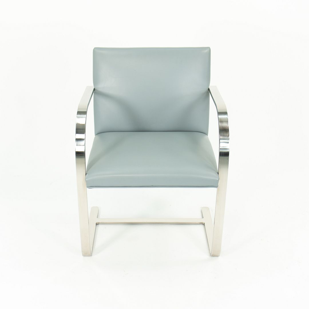 2000s Flat Bar Brno Chair by Mies van der Rohe for Knoll in Stainless Steel with Gray / Blue Leather 5x Available