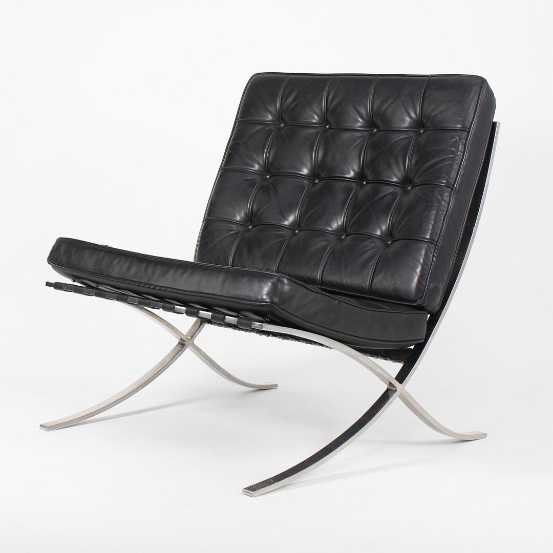 SOLD 1980s 250LS Barcelona Chair by Mies van der Rohe for Knoll in Polished Stainless Steel and Black Leather