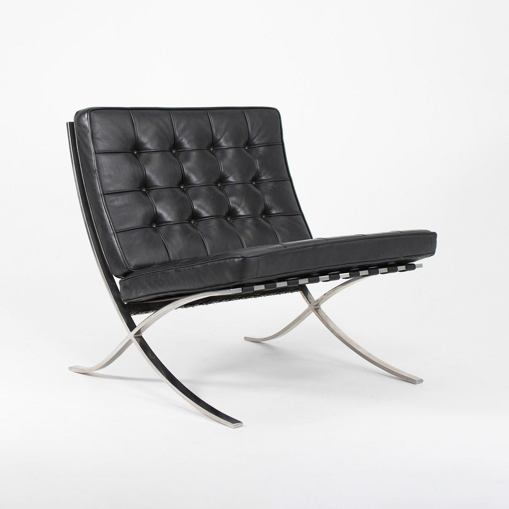 SOLD 1980s 250LS Barcelona Chair by Mies van der Rohe for Knoll in Polished Stainless Steel and Black Leather